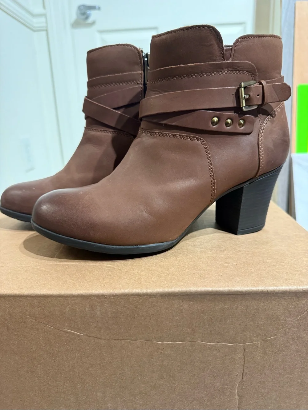 Rockport Catriona Brown Leather Ankle Boots Buckle Booties Women's Size 8.5M